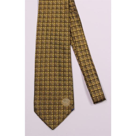 Gianni Versace Vintage 90's Gold Checkered Medusa Head Silk Necktie Tie - Picture 2 of 8